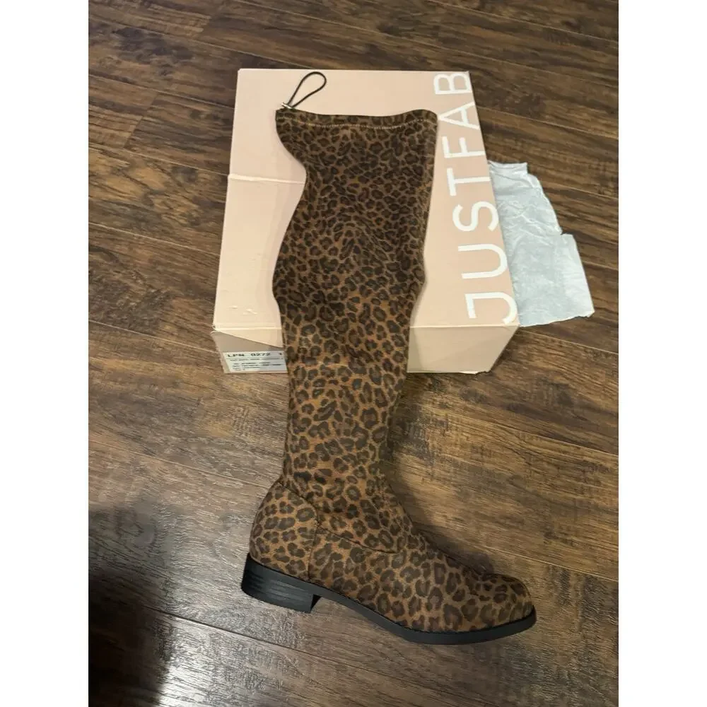 JF JustFab Boots Womens Reena Over the Knee Riding Leopard Brown Fabric Zip Sz:8